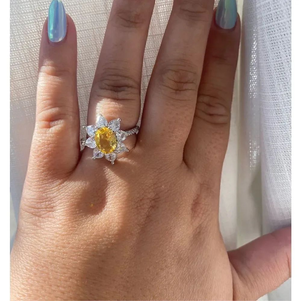Cubic zirconia, oval, canary, flowe ring